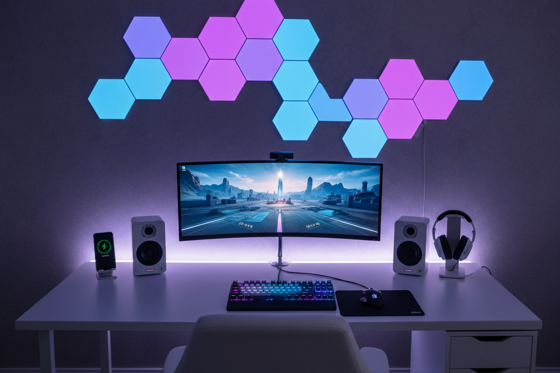 bureau de gamer avec applique hexagonale rgb
