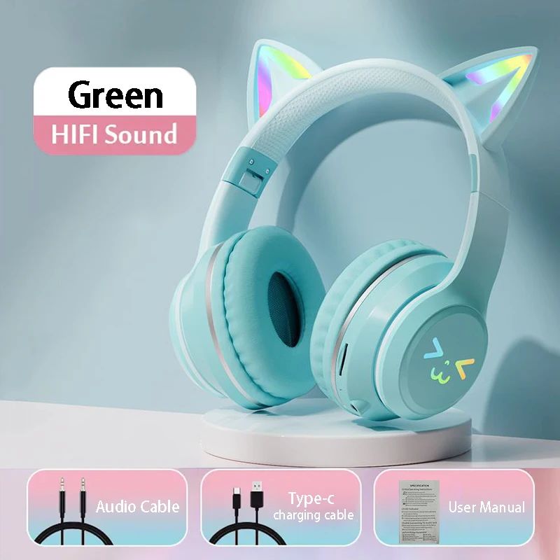 Casque audio enfant Bluetooth RGB chat vert