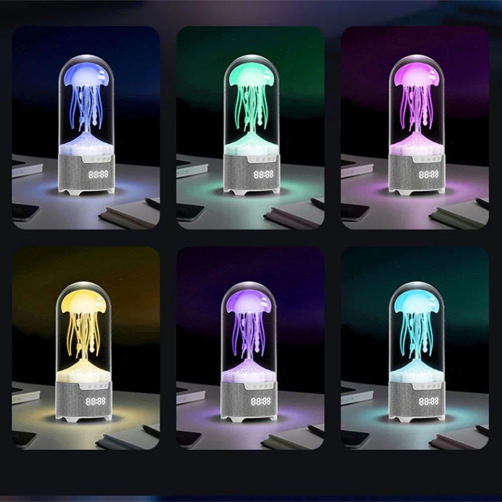 Enceinte LED RGB Bocal avec Méduse en mouvements carte SD affichage heure présentations