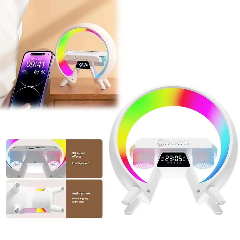 Lampe led rgb enceinte musicale Bluetooth rechargeable chargeur tel Oméga détails