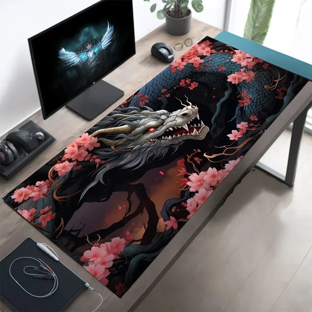 Sous main bureau xxl dragon gris bleu fleurs rose