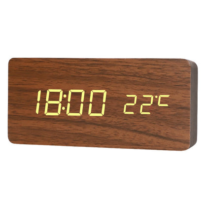 Horloge led bureau date température alarme pvc bois marron