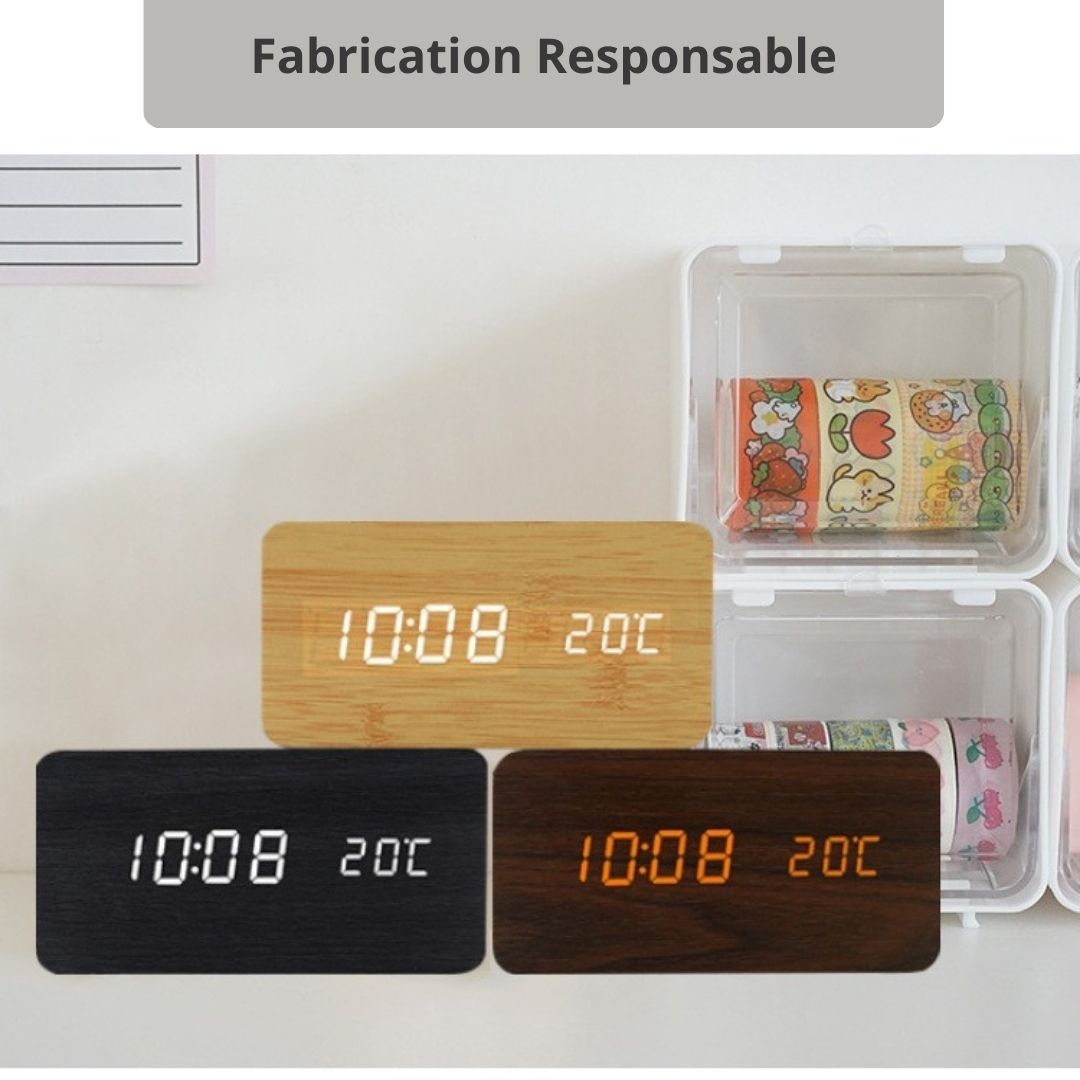 Horloge led de bureau date température alarmes fabrication responsable