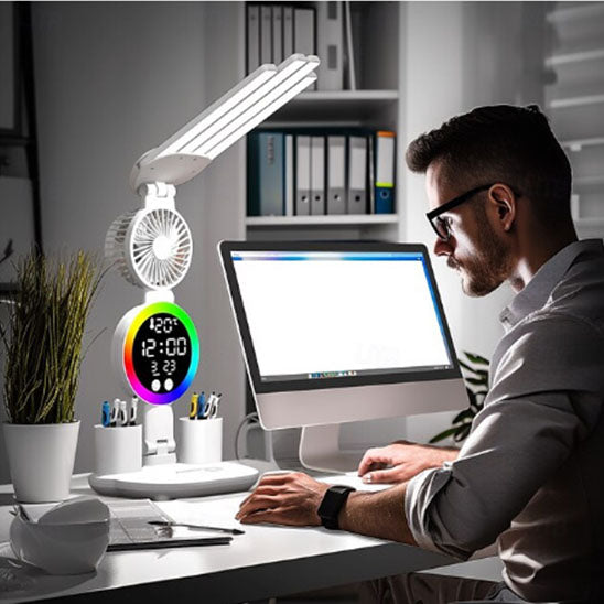 lampe led originale tactile intensite variable 4 bras lumineux fermes ventilateur bureau