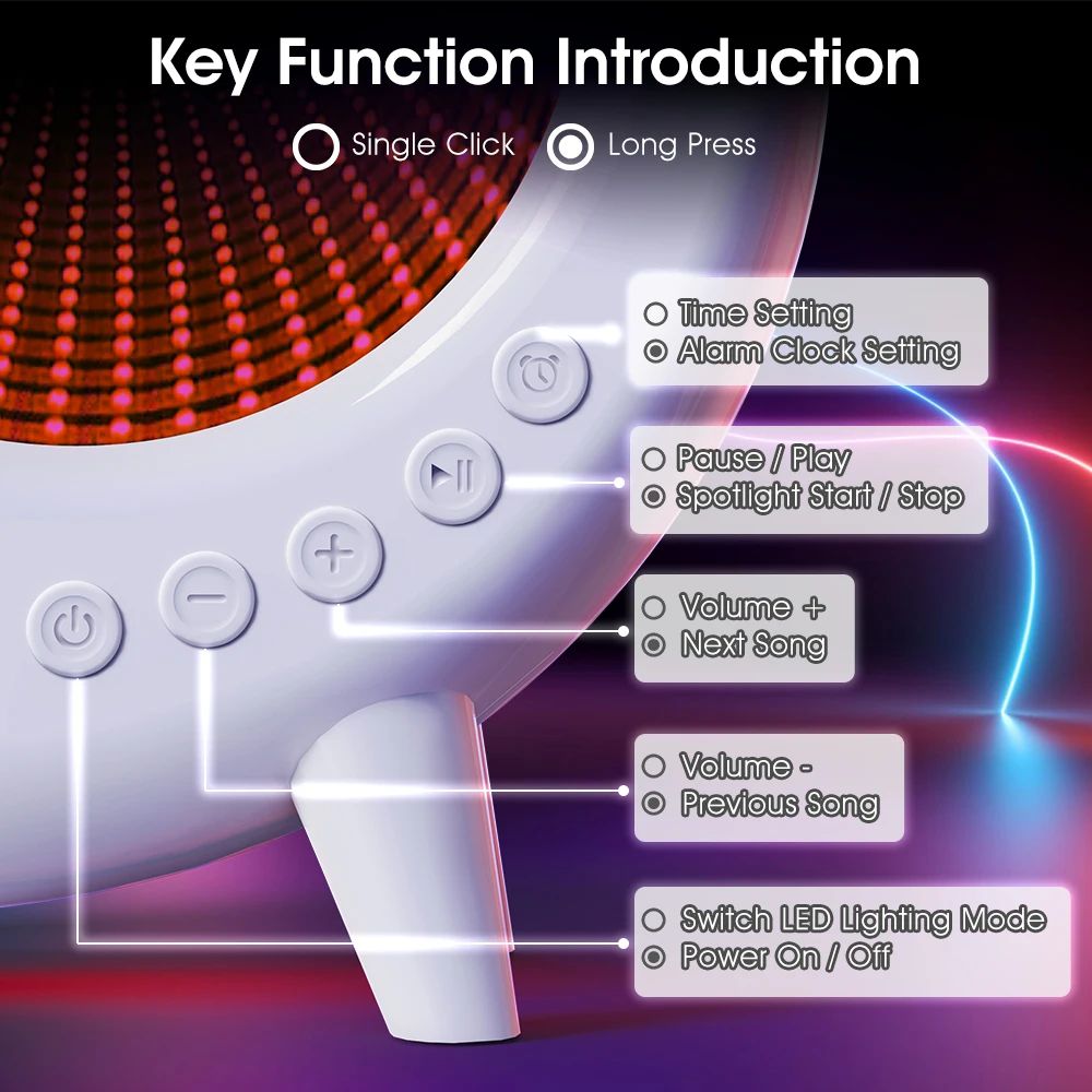 Lampe LED RGB enceinte musicale horloge Abyss Boutons de fonctions