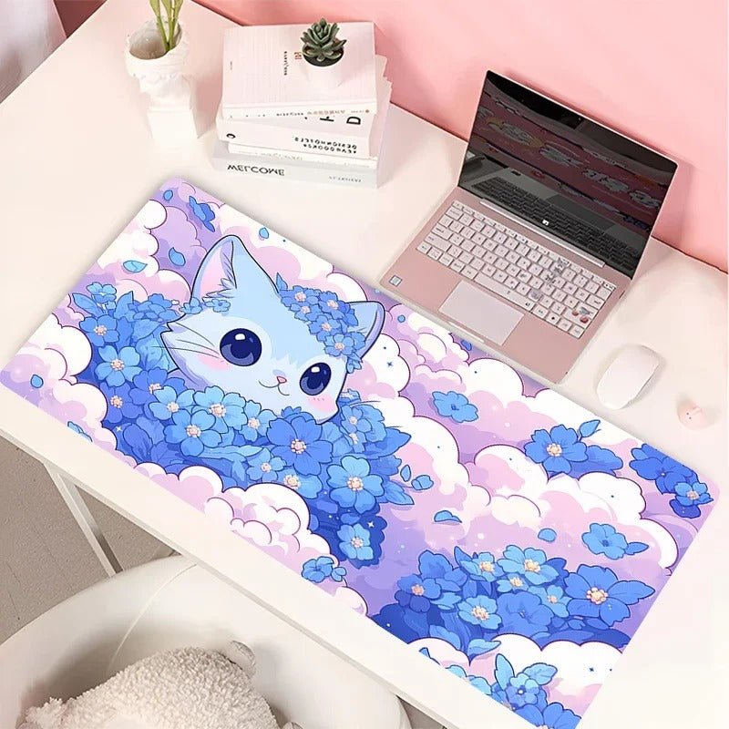 Tapis de souris XXL chat fleurs bleues
