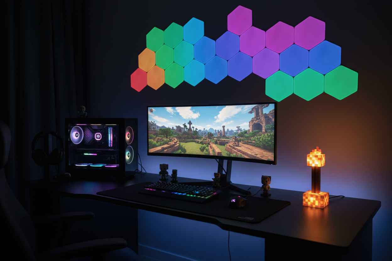 un bureau avec un applique rgb hexagonale et une lampe led torche minecraft